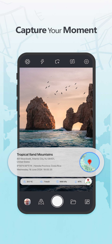 GPS Map Camera - Photo Stamp - Interface of the GPS Map Camera app showing a photo with a location, timestamp, and coordinate stamp