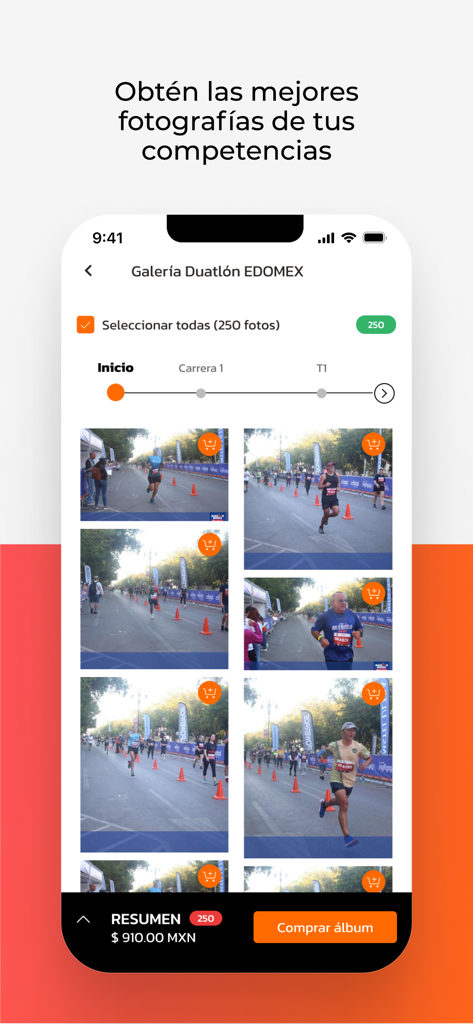 Asdeporte Oficial - Asdeporte app race photo gallery interface showing professional competition pictures and purchase options for athletes