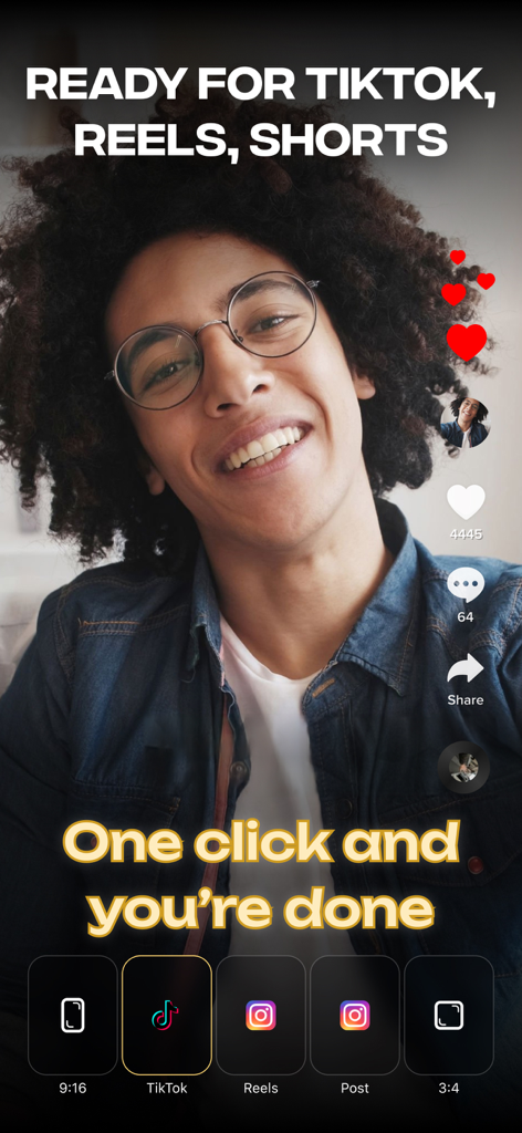 Verba 앱 인터페이스가 TikTok, Reels, YouTube Shorts를 위한 원클릭 내보내기 옵션을 보여줌