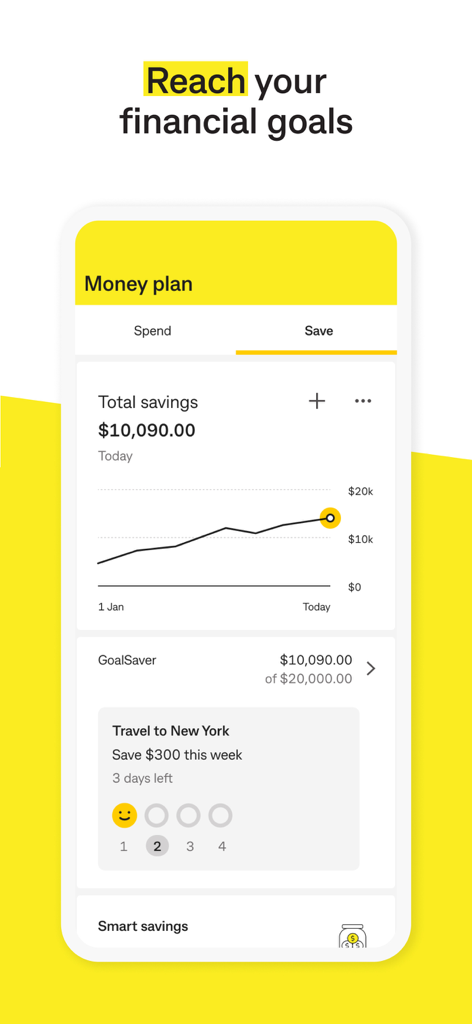 CommBank app screen showing the Money Plan feature with a savings goal tracker and financial progress chart.