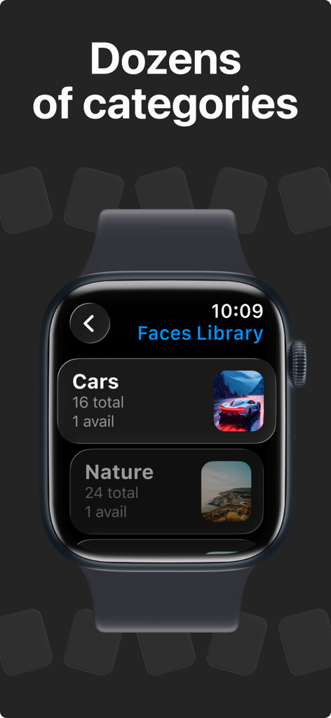 WatchWalls AI: Ultra Walls - Apple Watch screen showing wallpaper library categories for Cars and Nature