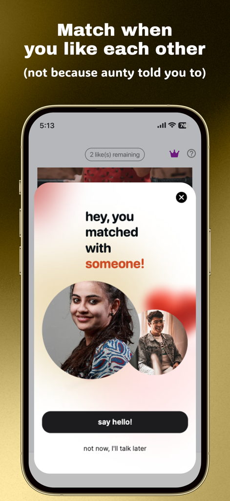 Bohri Cupid app screen showing a match notification with photos of two people and the text say hello