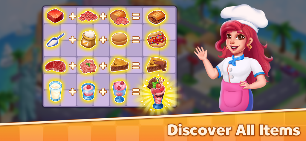 Magic Kitchen : Merge Game - A smiling chef with pink hair waving next to a grid of culinary merge recipes for desserts and main dishes