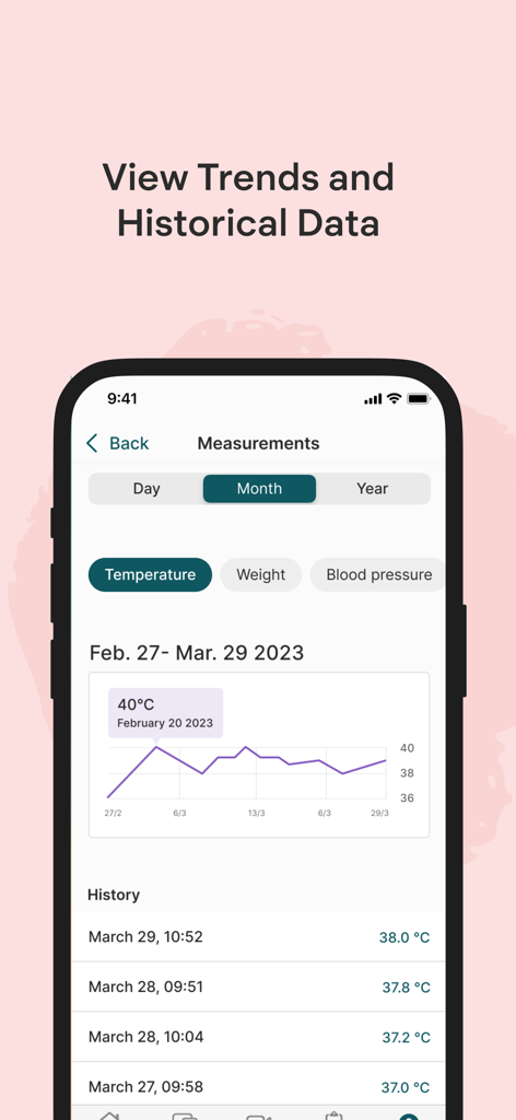 Dignio Prevent Go - Dignio Prevent Go app screen showing a line graph of patient temperature trends and a historical list of measurements.