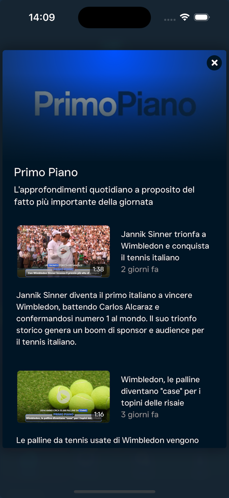 UpTv - UpTv Nachrichten-App-Oberfläche, die den Abschnitt 'Primo Piano' mit italienischen Sport- und Lifestyle-Schlagzeilen zeigt
