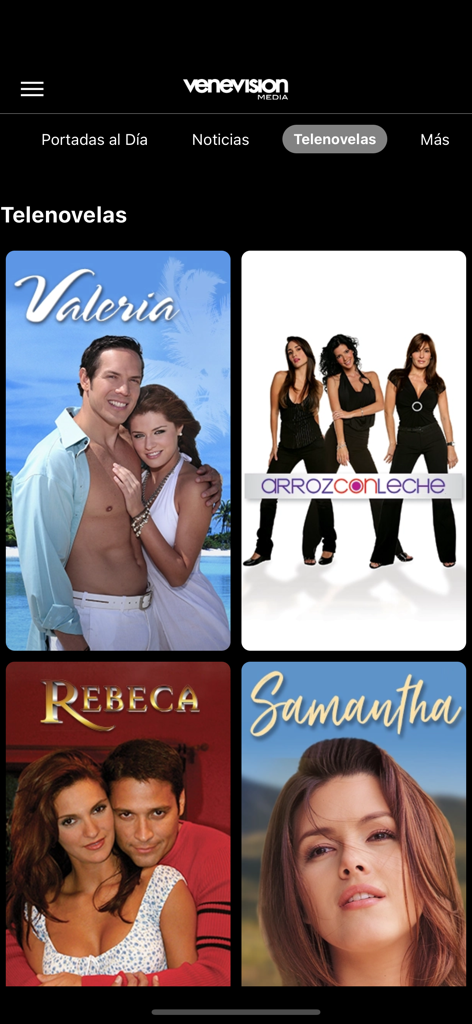 VenevisionPlay - Venevision Play mobile App-Oberfläche, die einen Katalog klassischer venezolanischer Telenovelas anzeigt