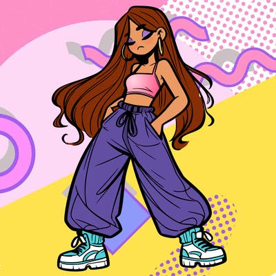 girl in baggy pants crop top and long hair