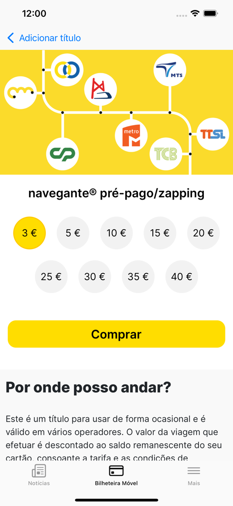 navegante® - Interfaz de la app navegante para comprar crédito prepago de zapping con varias opciones de importe y un botón de compra
