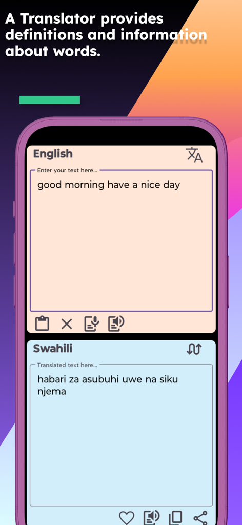 English Swahili Translator - English to Swahili translation screen showing a common greeting