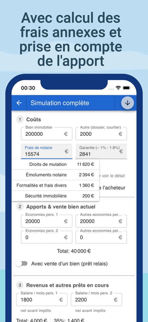 Una vista detallada de la pantalla de simulación de préstamo hipotecario que muestra los costes de la propiedad, los honorarios notariales y la contribución personal