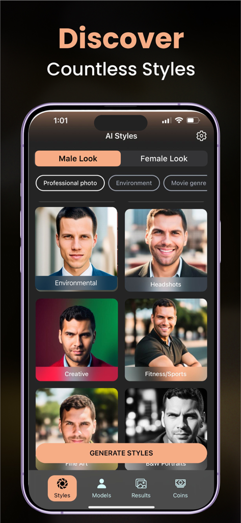 AI Headshot Generator - Pro - Pantalla de la aplicación AI Headshot Generator mostrando una selección de estilos de retratos profesionales y creativos para hombres.