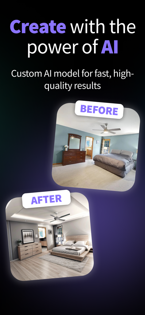 AI Room Design: Dream House - A before and after comparison showing a bedroom transformed from a traditional style to a modern minimalist design using AI