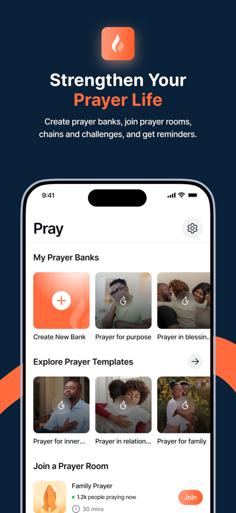 DevotionHub: Daily Devotionals - The DevotionHub app interface showing prayer bank management and prayer room options to strengthen prayer life