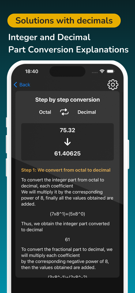 Converter Binary Calculator - Captura de pantalla de la aplicación Calculadora Convertidora Binaria que muestra una conversión octal a decimal paso a paso con partes fraccionarias