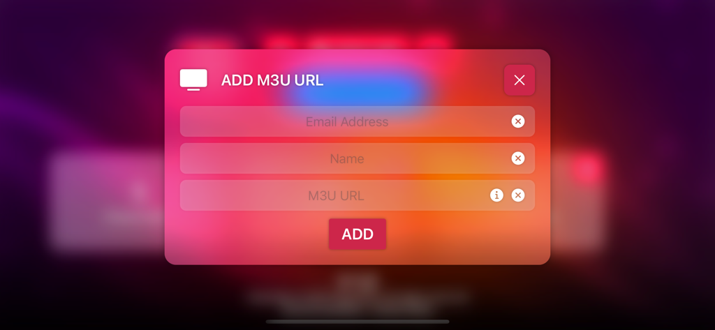 Prime IPTV - Oberfläche, die das Popup zum Hinzufügen einer M3U-URL-Playlist mit Feldern für Name und E-Mail-Adresse in der Prime IPTV-App anzeigt