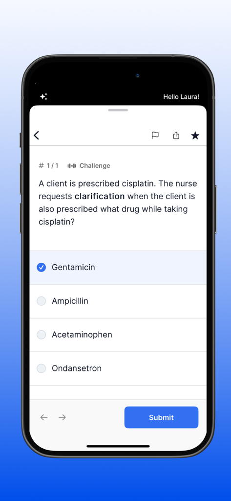 NCLEX RN Mastery Exam - 2026 - A pharmacology practice question on the NCLEX RN Mastery Exam app interface.
