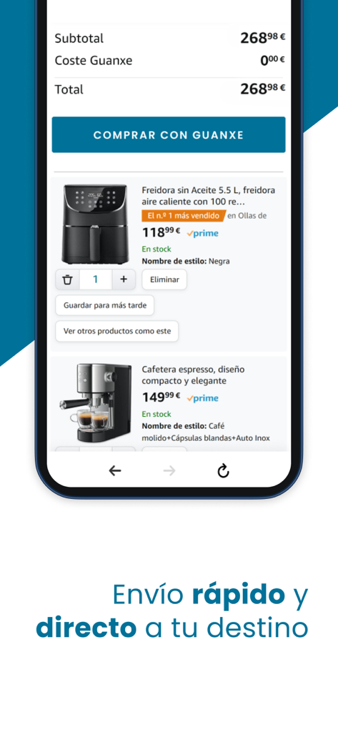 Pantalla de pago del carrito de compras de la aplicación Guanxe que muestra una freidora de aire y una cafetera en el carrito con el precio total