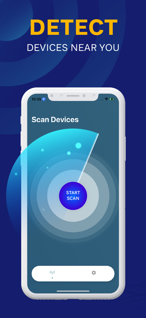 Find My Bluetooth Device. - Smartphone affichant une application de scanner d'appareils Bluetooth avec une interface radar et un bouton Démarrer le scan