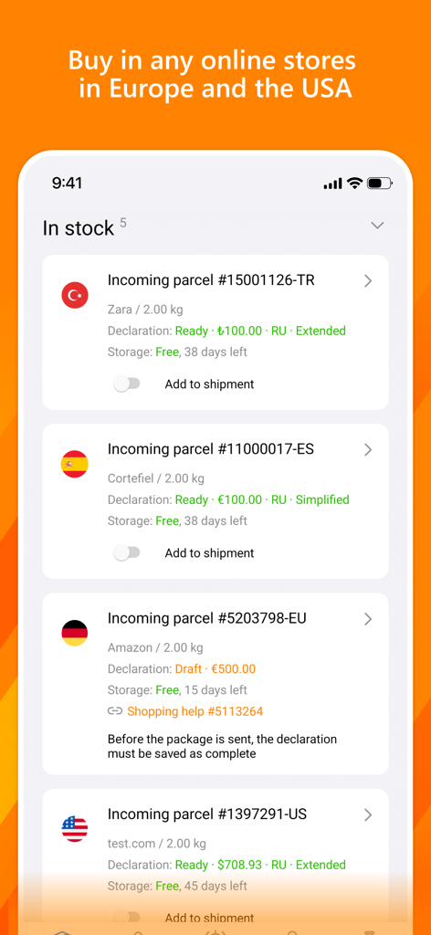 Qwintry app interface displaying a list of tracked incoming parcels from international online stores ready for consolidation and shipment.