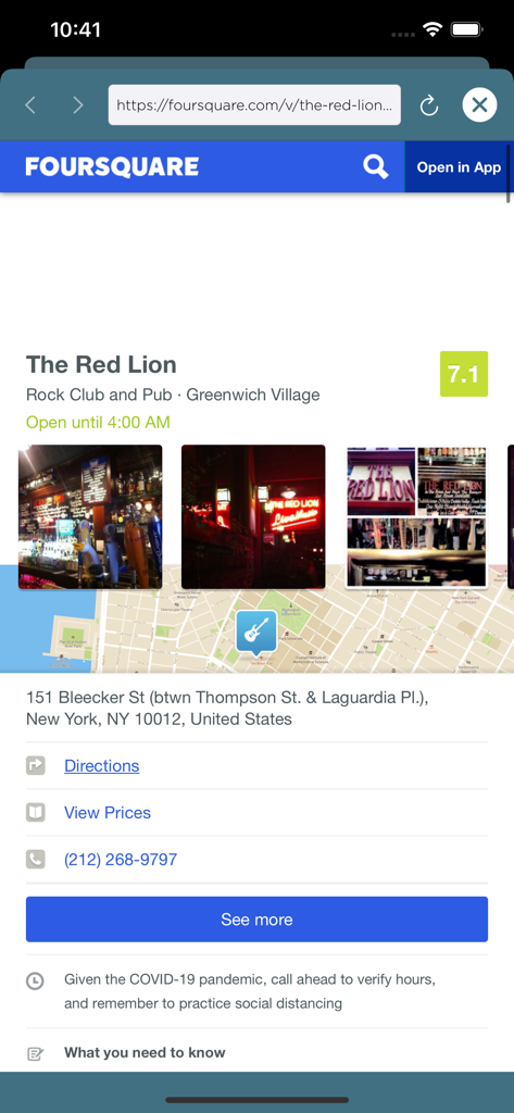 e•Locate - Details zum Veranstaltungsort und Standort eines New Yorker Pubs, angezeigt in der eLocate-App