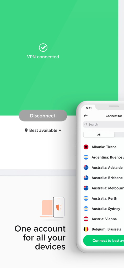FastVPN mobile interface showing a connected status and global server options