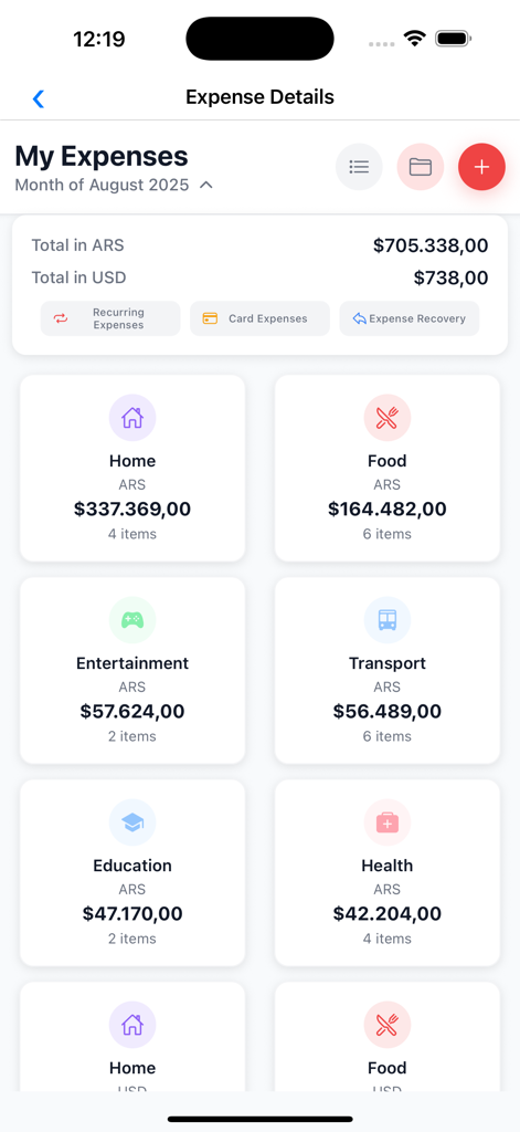 MoneyTrack App - MoneyTrack app monthly expense categories and multi-currency tracking dashboard