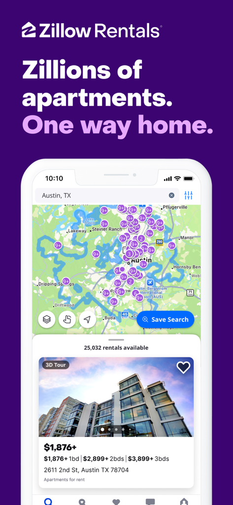 Zillow Rentals mobile app interface showing apartment listings on a map in Austin Texas.
