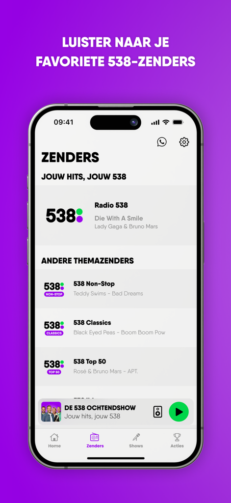 538 - Interface of the Radio 538 app displaying a list of available Dutch radio stations