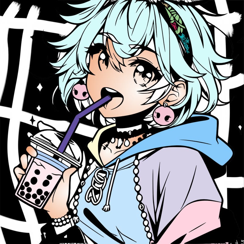 hot baddie anime girl drinking boba and biting the straw
