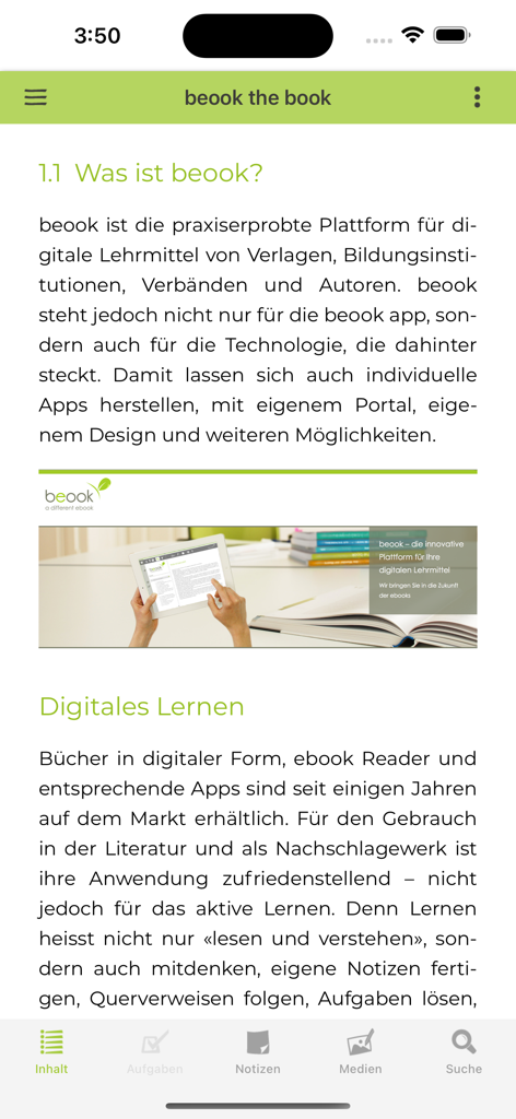 beook - Interfaz de la aplicación beook que muestra texto de aprendizaje digital y una persona usando la aplicación en una tableta