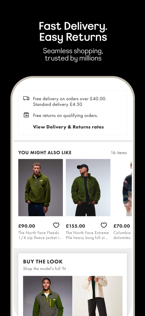 ASOS - Discover Fashion Online - ASOS app interface featuring fast delivery options and personalized product recommendations for men