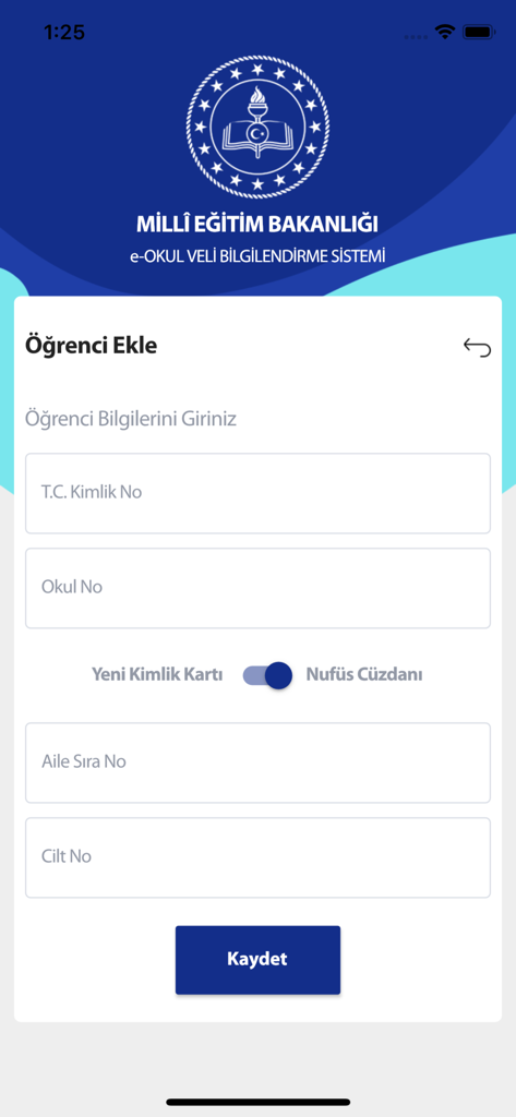 Add student screen in the MEB e-Okul VBS app featuring registration fields for Turkish student records.