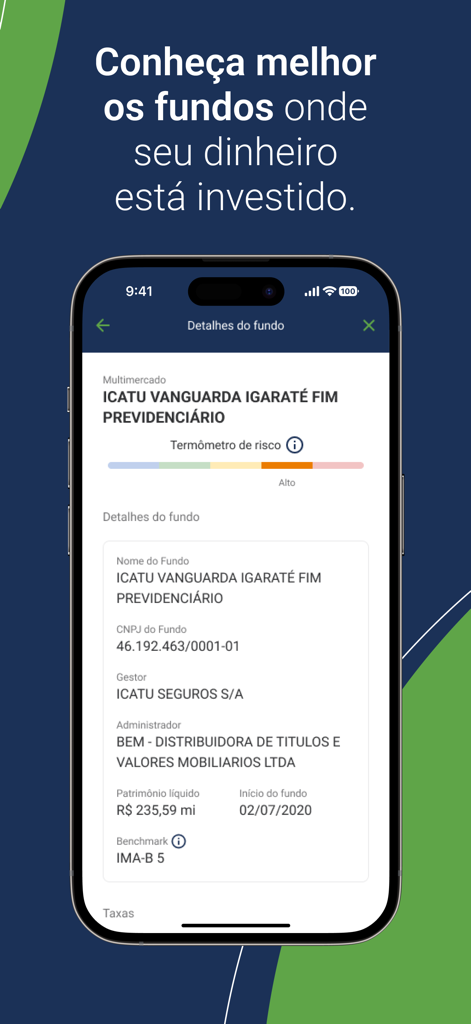 Tela do aplicativo móvel Icatu exibindo informações detalhadas e nível de risco de um fundo de investimento de previdência.