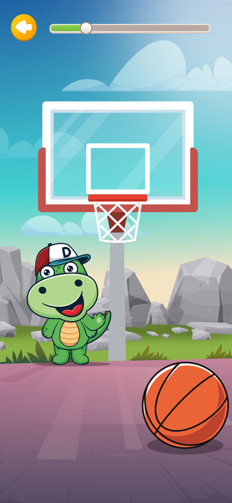 A cartoon dinosaur wearing a baseball cap next to a basketball hoop in a kids game