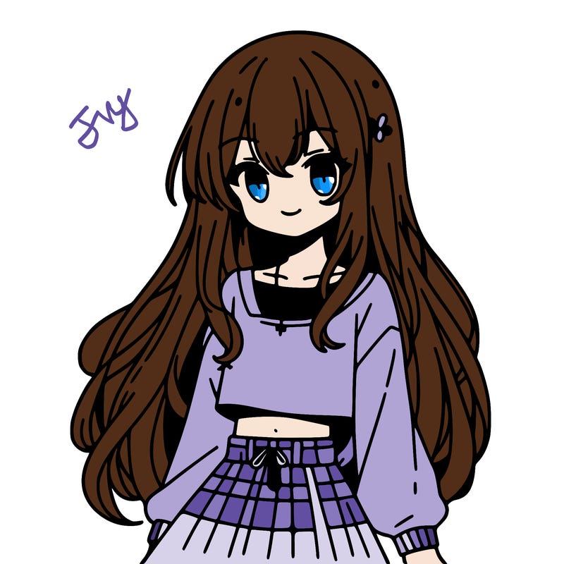 a anime girl with a crop top on and a skirt that has long hair