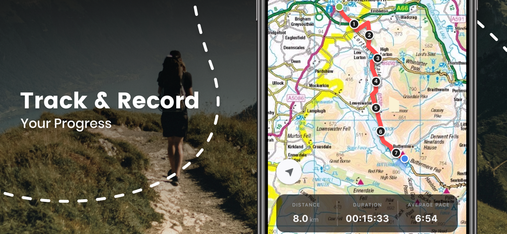 OutDoors GPS app interface showing a tracked hiking route on an Ordnance Survey map with distance and pace statistics