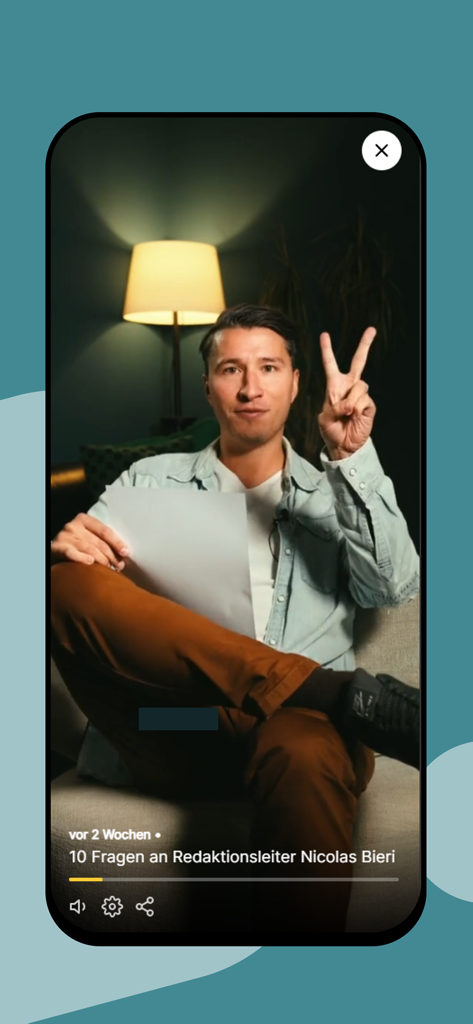 A video interview with Nicolas Bieri on the Telebasel mobile app featuring a vertical player