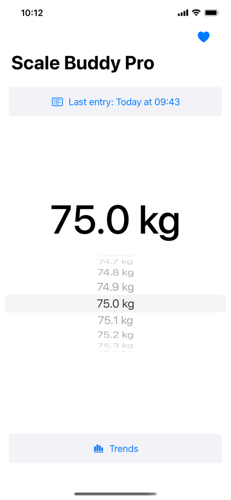Body Scale Buddy Pro - Écran d'enregistrement du poids de Body Scale Buddy Pro affichant 75,0 kg