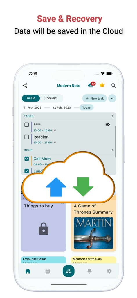 Note, Voice Notes, Todo Widget - Interfaz de la aplicación Note Master que ilustra las funciones de sincronización en la nube y copia de seguridad de datos