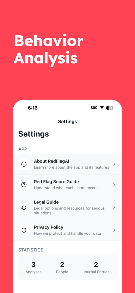 RedFlagAI - RedFlagAIの設定画面。行動分析と、分析回数やジャーナルエントリ数などのユーザー統計が表示されています。