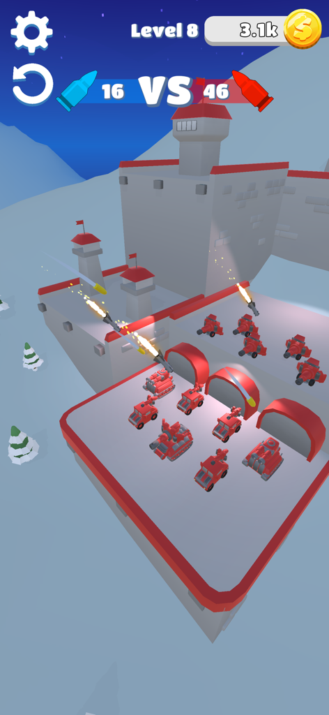A squad of red tanks firing missiles at an enemy base in Merge Tanks Army Clash level 8