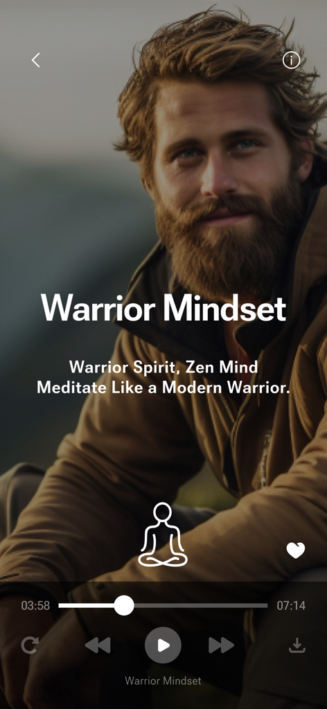 瞑想する男アプリのスクリーンショット。男性向けの「ウォリアーマインドセット」瞑想セッションが表示されています。