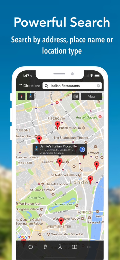 iMaps+ for Google Maps - iMaps plus app screenshot showing map search results for Italian restaurants in London on an iPhone