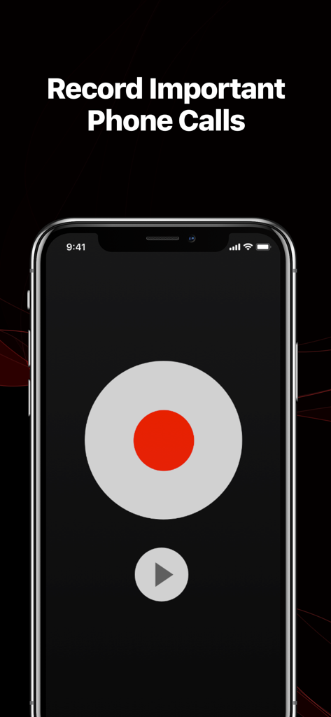 TapeACall Pro app interface displaying a large red record button and the headline Record Important Phone Calls
