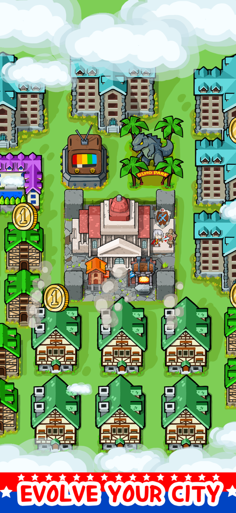 Zombie Mine - survival craft - A top-down view of a colorful cartoon city being built and evolved in the Zombie Mine survival strategy game.