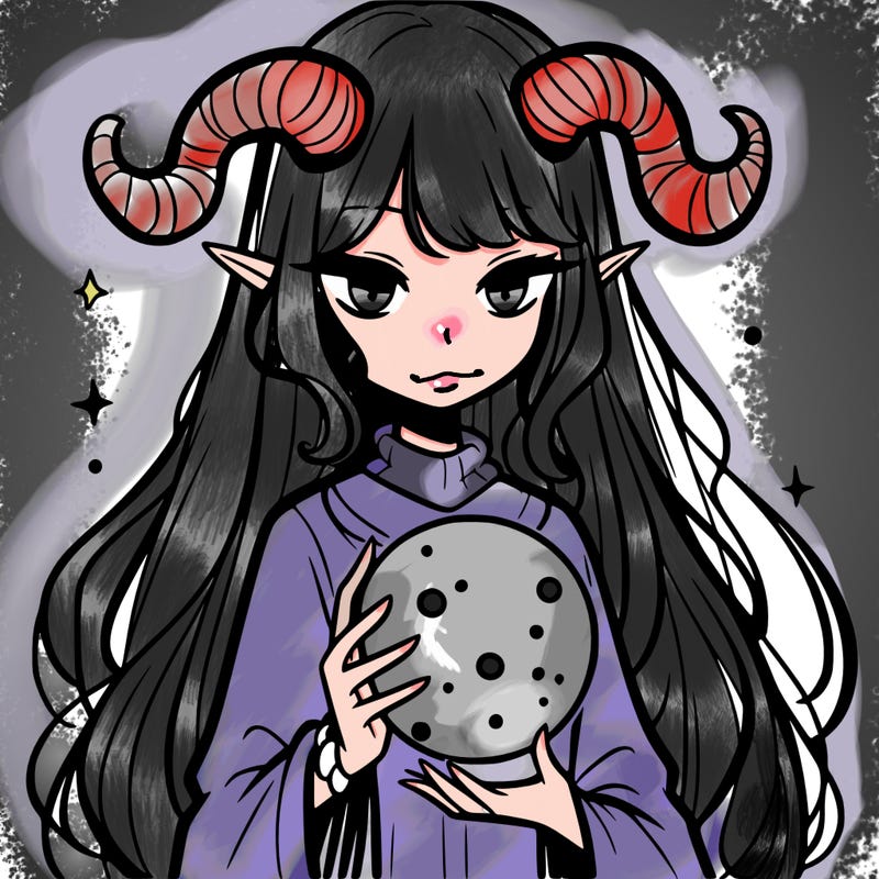 long haired girl with horns and magic orb in her hand