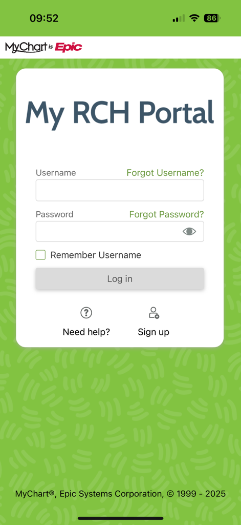 My RCH Portal - My RCH Portalアプリのログインページ。緑色の背景にユーザー名とパスワード入力フィールドが表示されています。