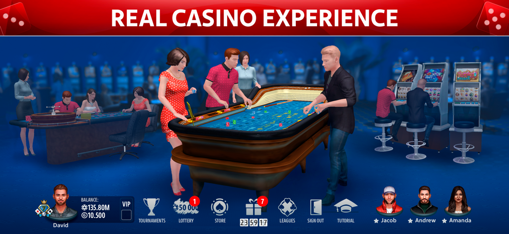 Vegas Craps by Pokerist - Um salão de cassino virtual 3D mostrando jogadores em uma mesa de craps cercados por máquinas caça-níqueis e roleta