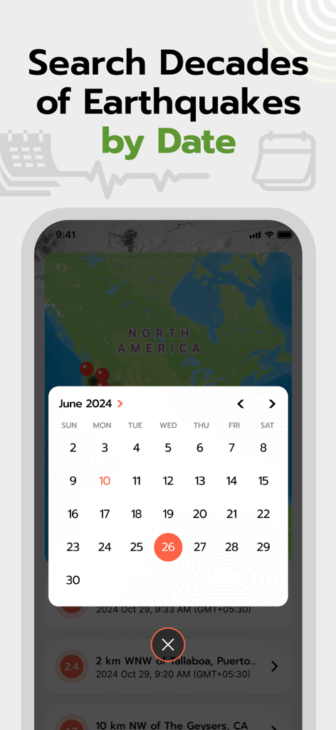 Track Earthquake: Map & Alerts - Una pantalla de aplicación móvil que muestra una interfaz de calendario para buscar datos de terremotos históricos en un mapa de América del Norte.