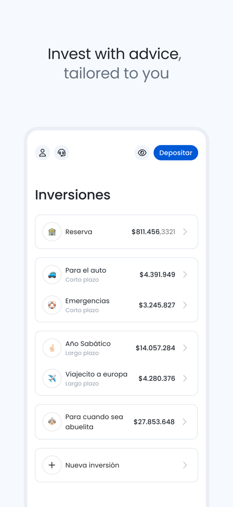 Fintual: Invierte y ahorra - Bildschirm der mobilen App zeigt personalisierte Anlageziele für Sparen und Reisen